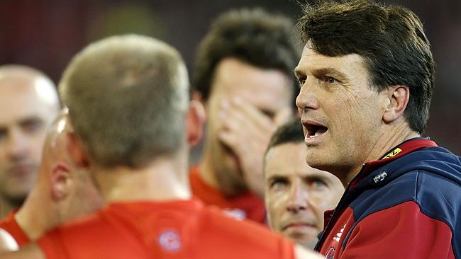 Demons coach Paul Roos addresses his players. Picture: Wayne Ludbey