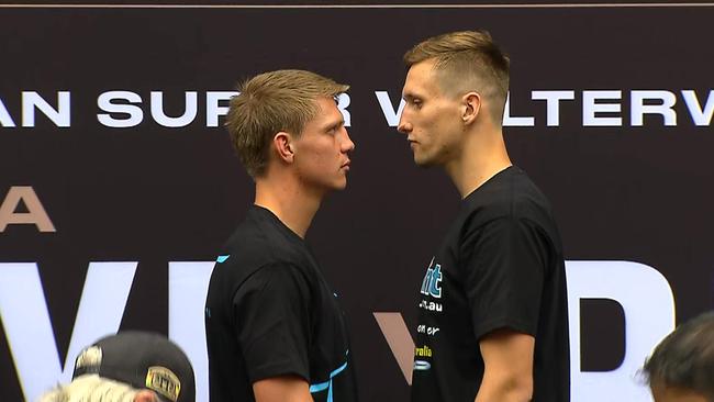 Nikita Tszyu and Dylan Biggs face off before their fight. Photo: Fox Sports.