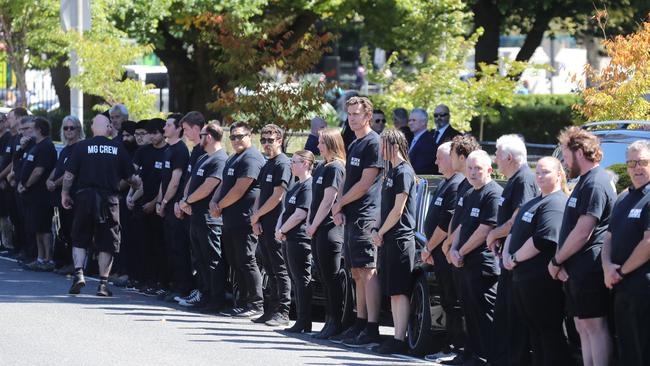 Gudinski’s hearse was flanked by a guard of honour featuring more than 160 music industry workers. Picture: Alex Coppel