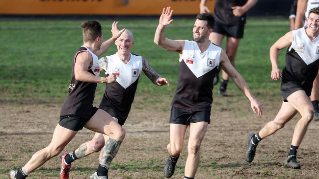 Mitch Jackson of Ringwood celebrates one of his three goals. Picture: George Salpigtidis