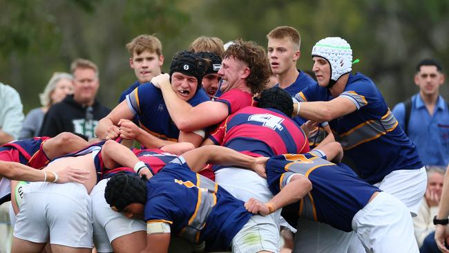 Action from the GPS rugby round 1 match between Churchie and Brisbane State High. Picture: Tertius Pickard