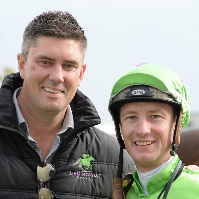 Liam Howley and jockey Jack Hill after winning the Murtoa Cup with Station One this month. (Photo by Ross Holburt/Racing Photos via Getty Images)