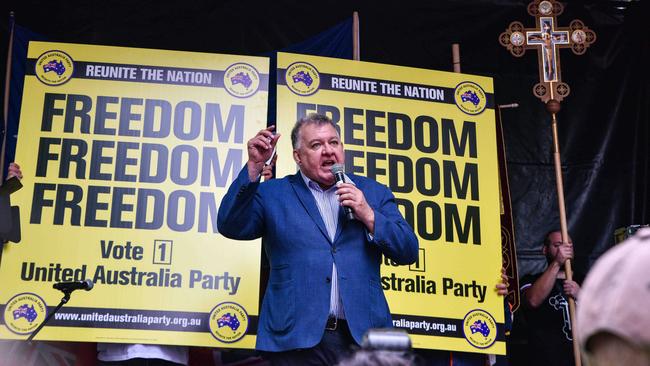 Craig Kelly addressed a crowd in Martin Place during the 'World Wide Rally For Freedom' in Sydney. Picture: Flavio Brancaleone