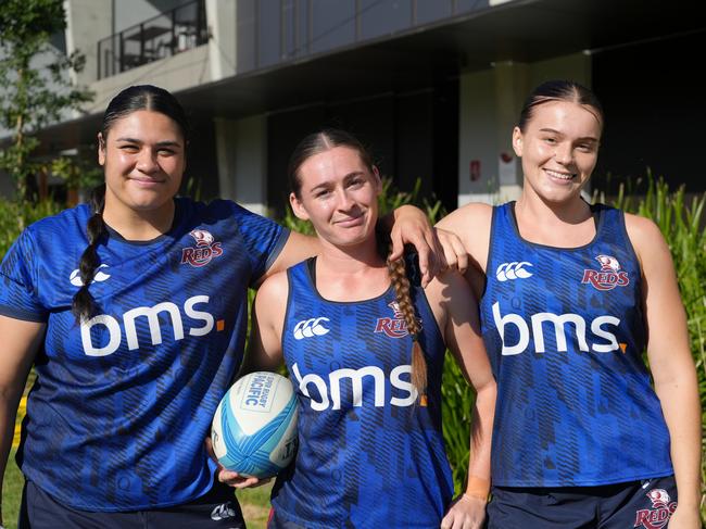 Bond University girls (from left) Eva Karpani, Faythe Manera and Jemma Bemrose will join with Queensland Reds women's teammates at a Gold Coast training session on Saturday. Photo: Neha Kumar.