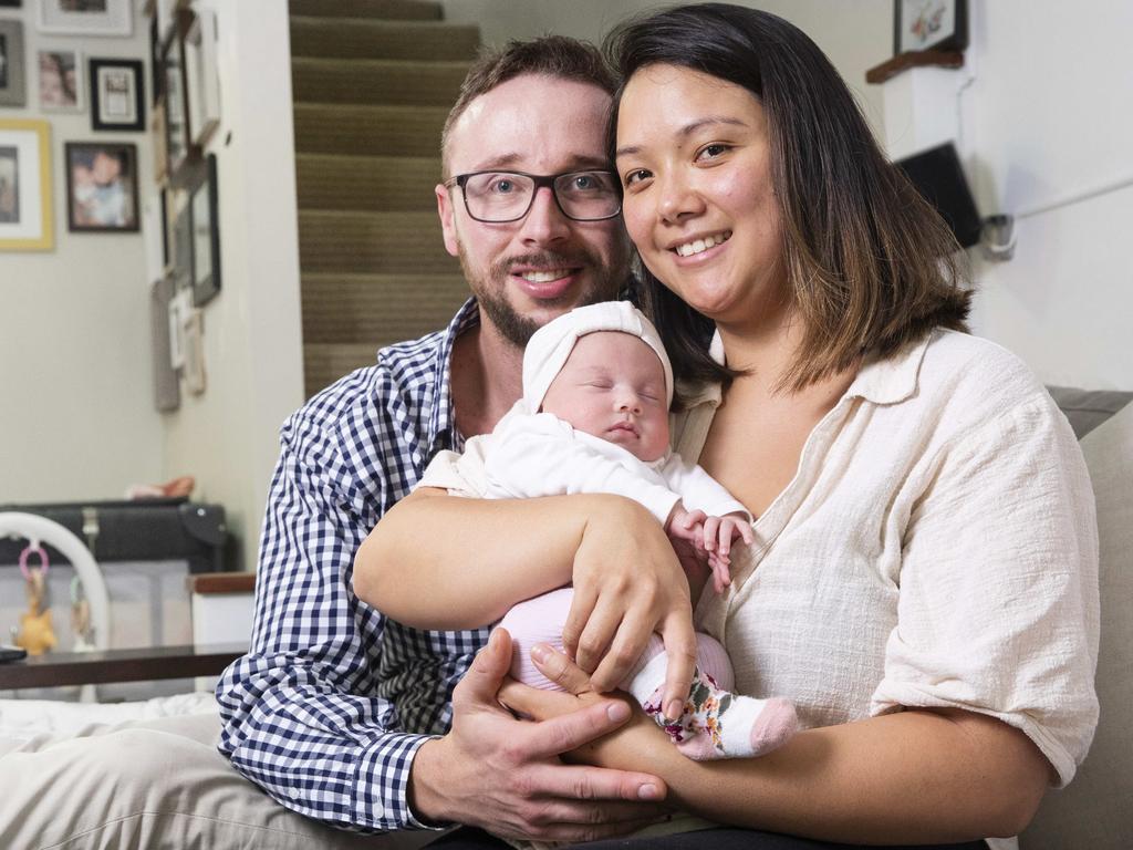 Ryan and Amy Field at home with their five-week-old daughter Madeline in Noosaville. Picture: Lachie Millard