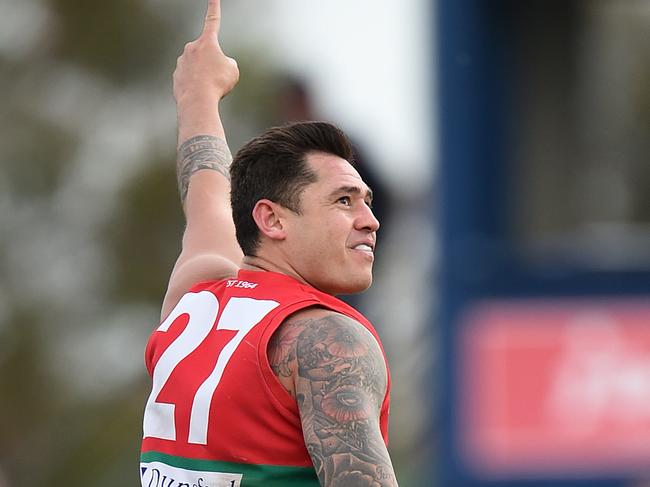 MPNFL Division 1: Mt Eliza v Frankston Pines.Frankston Pines #27 Aaron Edwards celebrates a goal.Picture: Jason SammonSaturday 14 April 2018