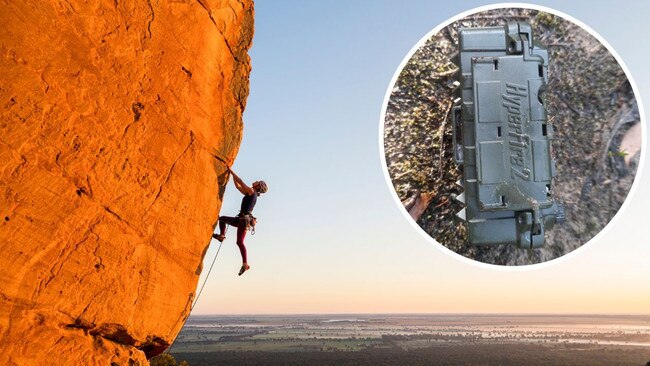 Ashlee Hendy climbs Wheels of Steel at Koalasquatsy Crag in the Grampians, Victoria; Parks Victoria is using sophisticated spy cameras, inset, to target rock climbers. Picture: Simon Carter