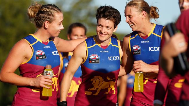 Brisbane star Sam Virgo (centre) has joined Gold Coast for the 2020 AFLW season.