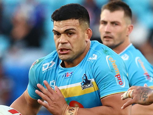 GOLD COAST, AUSTRALIA - JUNE 22: David Fifita of the Titans runs the ball during the round 16 NRL match between Gold Coast Titans and New Zealand Warriors at Cbus Super Stadium, on June 22, 2024, in Gold Coast, Australia. (Photo by Chris Hyde/Getty Images)