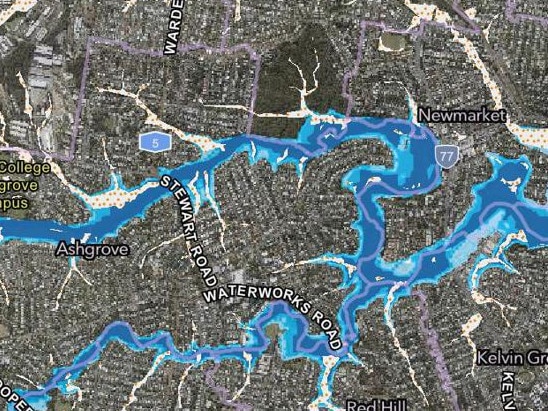 The updated flood map showing different flood risk levels (light to dark blue) along the Enoggera Creek catchment. Image: Brisbane City Council