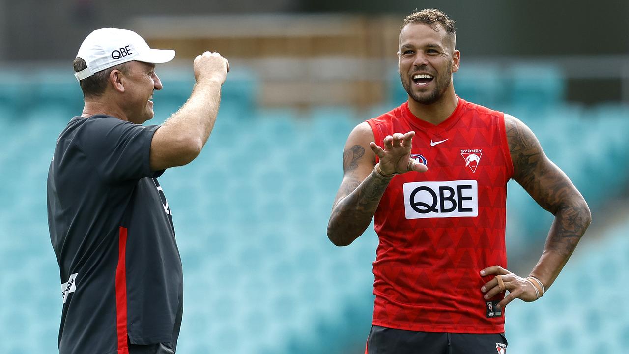 Lance Franklin was all smiles at training on Wednesday as he put in a strong session following his one-match suspension. Picture: Phil Hillyard