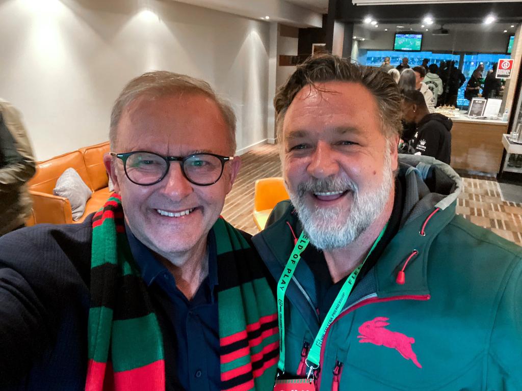 Anthony Albanese, (scarf) and Russell Crowe (R) celebrate a Rabbitohs win. Picture: Mark Evans