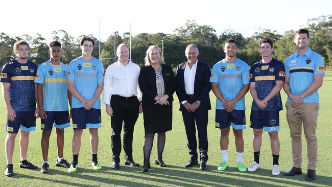 Titans chairman Dennis Watt, co-owner Rebecca Frizelle, head of football Phil Moss and player Anthony Don with members of their TEDS squad. Picture: Tertius Pickard