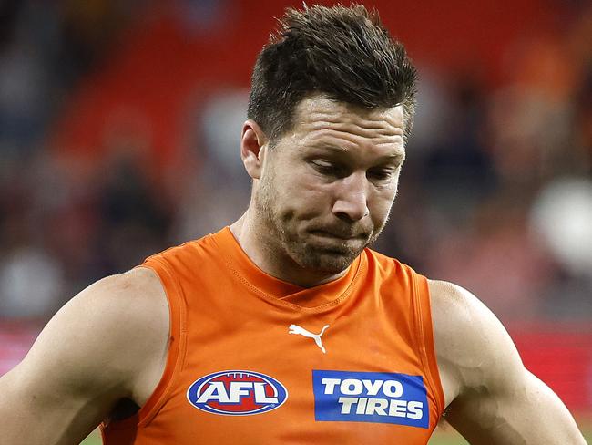 Dejected Toby Greene during the AFL Semi Final match between the GWS Giants and Brisbane Lions at Engie Stadium on September 14, 2024. Photo by Phil Hillyard(Image Supplied for Editorial Use only - **NO ON SALES** - Â©Phil Hillyard )