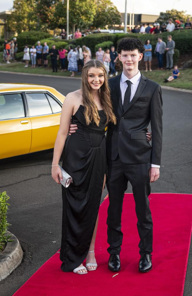 Graduate Sky Warry and partner Zac Willson arrive at Mary MacKillop Catholic College formal at Highfields Cultural Centre, Thursday, November 14, 2024. Picture: Kevin Farmer