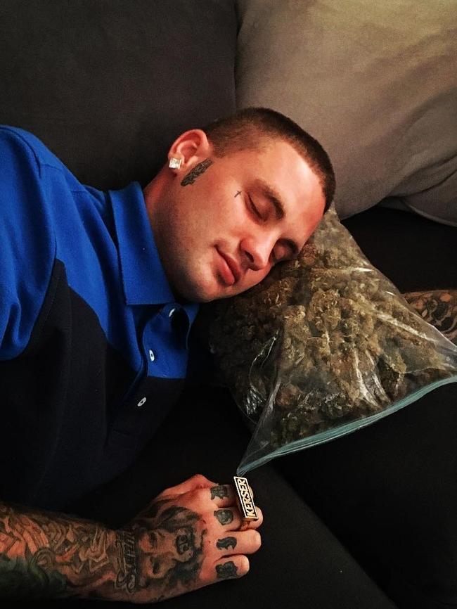 Living up the perception of ‘gutter rap’, Kerser shared this picture of himself sleeping on what appears to be a large bag of marijuana. Picture: Instagram