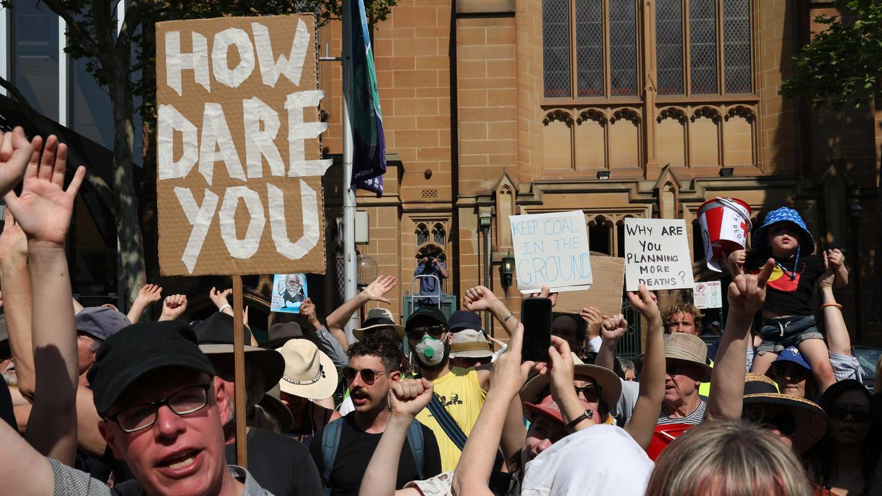 Protesters at the Bushfires Climate Change Protest outside NSW parliament today. Picture: Damian Shaw