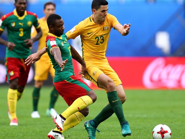 Australian midfielder Tom Rogic in action for Australia against Cameroon on Friday morning.