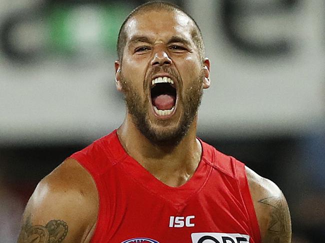 Sydney's Lance Franklin celebrates his first goal during AFL match Sydney Swans v Collingwood at the SCG. Picture. Phil Hillyard