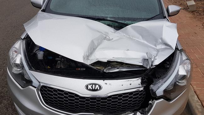 The damage to Heidi Wilkin’s car after a large piece of concrete was thrown on to it on the Southern Expressway in February 2017. Picture: Heidi Wilkin