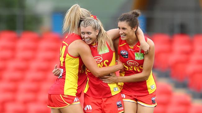 Kalinda Howarth of the Suns celebrates a goal during the round three AFLW match between the Gold Coast Suns and the Brisbane Lions at Metricon Stadium on February 22, 2020 in Gold Coast, Australia. (Photo by Chris Hyde/Getty Images)