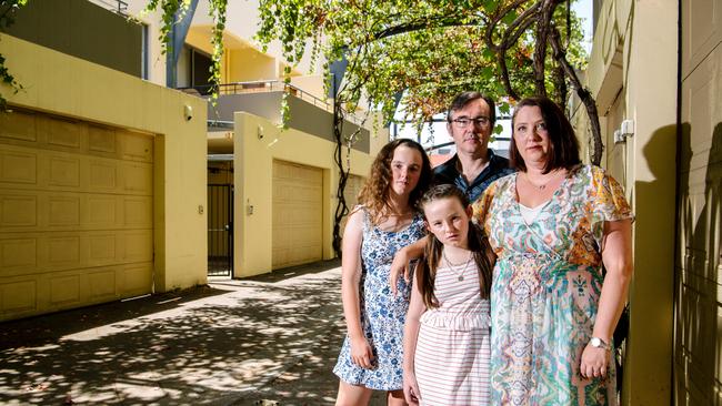 Niamh, Keeley, Matt Trainor and Libby Parker live in a court that has multiple 'holiday homes', and its a party street a lot of the time in Adelaide. Picture: Morgan Sette/AAP