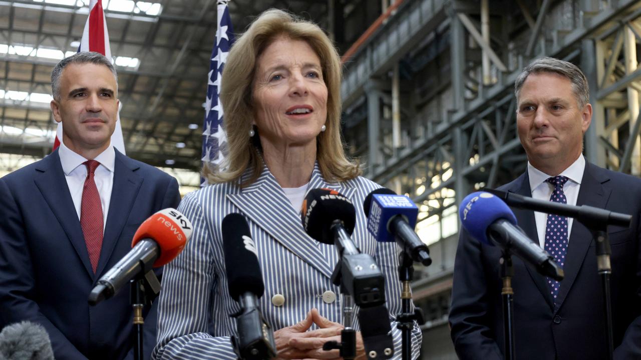 Caroline Kennedy, United States Ambassador to Australia, speaks at a March 22 press conference at ASC, formerly the Australian Submarine Corporation, at Osborne Naval Shipyard, flanked by Premier Peter Malinauskas (left) and Defence Minister Richard Marles (right). Picture: NCA NewsWire / Kelly Barnes