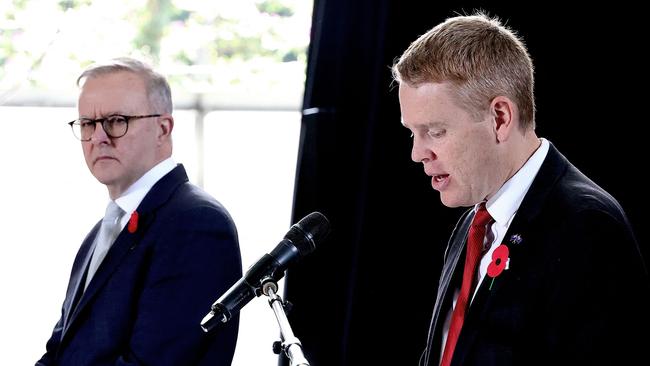 Anthony Albanese (L) and New Zealand Prime Minister Chris Hipkins speak to reporters in Brisbane at the weekend. Picture: AFP.