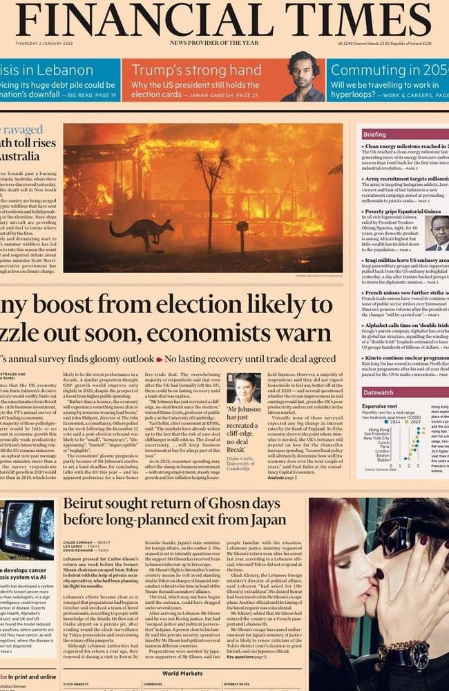 Financial Times Jan 2 bushfires. Picture: Financial Times