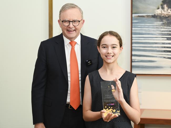 CANBERRA, AUSTRALIA  - NewsWire Photos - November 25, 2024:  Prime Minister Anthony Albanese with Orange level champion (Years 5-6) category,  Jillian Strong at Parliament House in Canberra. Picture: NewsWire / Martin Ollman