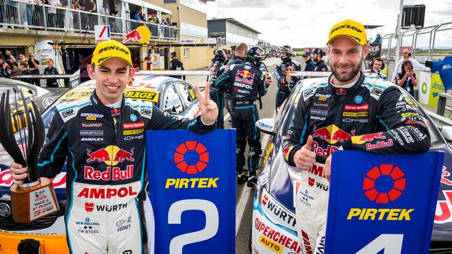 Broc Feeney shares his first podium with teammate and winner of race two, Shane van Gisbergen. Picture: Getty Images