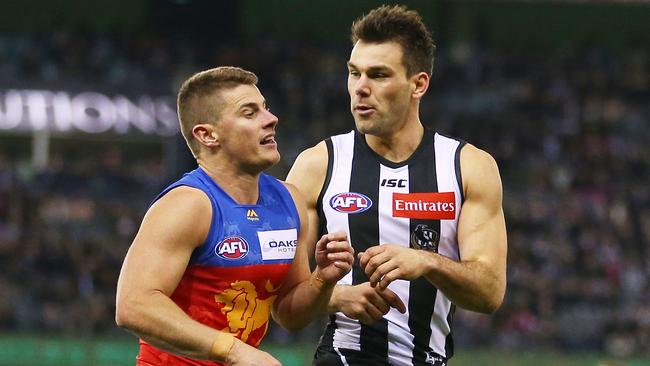 Dayne Zorko clashes with Collingwood tagger Levi Greenwood last season. Picture: Scott Barbour/Getty Images. 