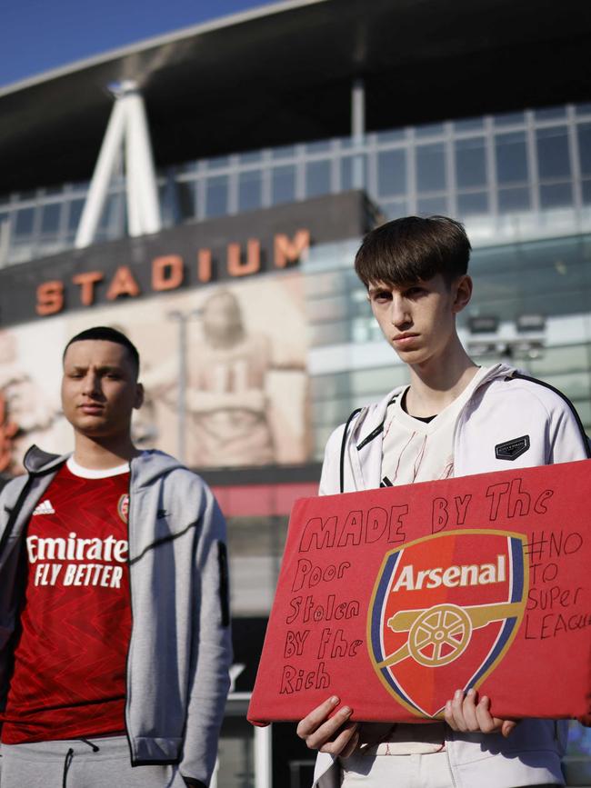 Arsenal fans protested against the European Super League outside Emirates Stadium.