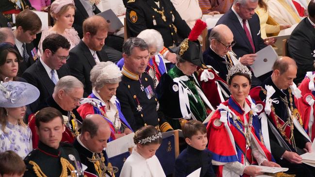 Prince Harry was seated in the third row, often obscured by the feather in Princess Anne’s cap. Picture: Aaron Chown/WPA Pool/Getty Images