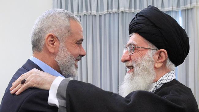 Iran’s supreme leader Ayatollah Ali Khamenei greets Hamas prime minister Ismail Haniyeh in Tehran in 2012.