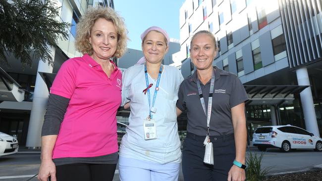 Three women involved in the Organ Donor program. L-R Amanda Gilbert Donation Specialist nurse and Coordinator organ donations QLD, Megan Jonas Recipient and Kate Dale part of an organ donator family. Picture Mike Batterham