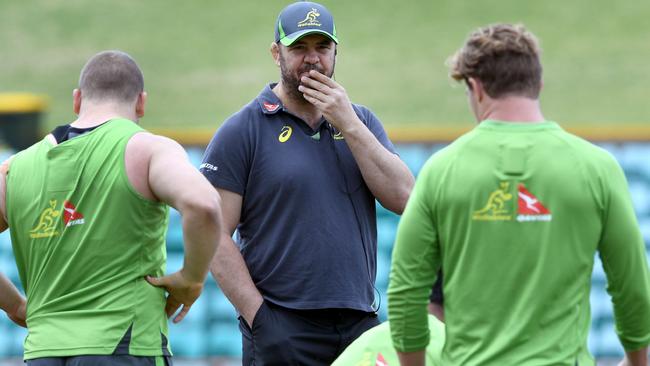 Wallabies coach Michael Cheika speaks to his players during a training session.