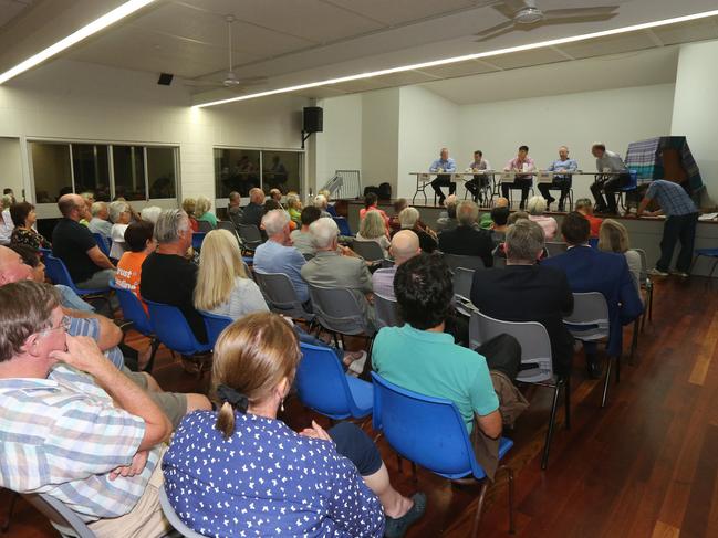 candidates for Broadwater at the  paradise point community hall L-R Peter Flori, David Crisafulli,  Daniel Kwon , and Brendan Ball . Picture Mike Batterham