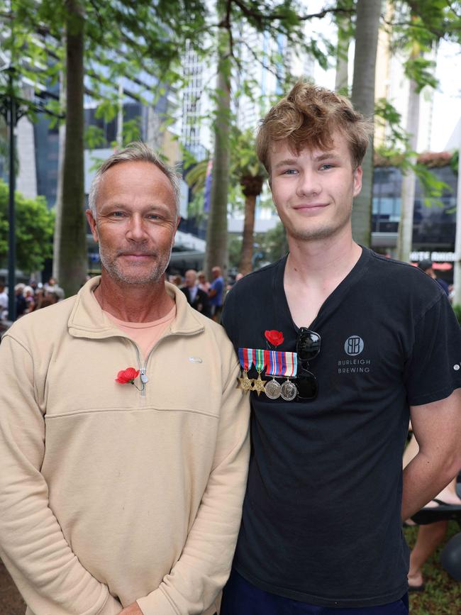 Dan Norton Smith and Zade Norton Smith at the Surfers Paradise RSL Anzac Day noon service 2025 at Cavill Park for Gold Coast at Large. Picture, Portia Large.