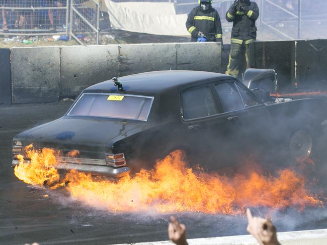 A Car catches Fire doing a burnout at Summernats 31 2018 Photo: Keegan Carroll