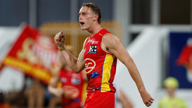 Sam Clohesy of the Suns celebrates a goal during the 2024 AFL Round 09 match between the Gold Coast Suns and North Melbourne Picture: Dylan Burns/AFL Photos via Getty Images