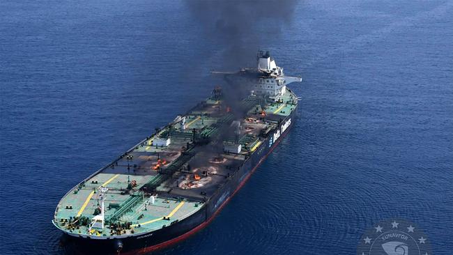Smoke and fire aboard the Greek-owned oil tanker Sounion off the coast of Hodeida in the Red Sea after it was attacked by Yemen's Houthi rebels last year. Picture: EUNAVFOR ASPIDES / AFP