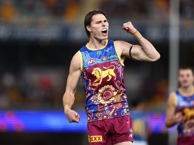 Eric Hipwood celebrates a Brisbane Lions goal. Picture: Chris Hyde/Getty Images