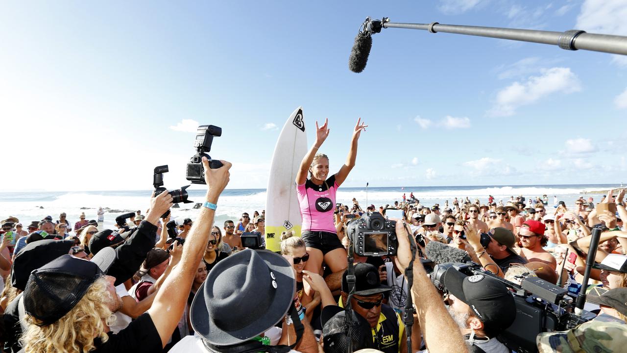 Stephanie Gilmore celebrates after winning the Roxy Pro final on the Gold Coast in 2014. Picture: JERAD WILLIAMS