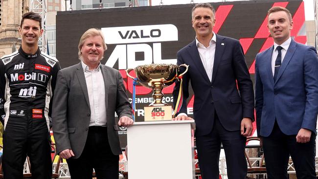 Mr Hickmann, (right) with, from left: V8 driver Nick Percat, Motor Sport Board chief executive Mark Warren and Premier Peter Malinauskas at the Adelaide 500’s official launch in Victoria Square in 2022. Picture: NCA NewsWire / Kelly Barnes