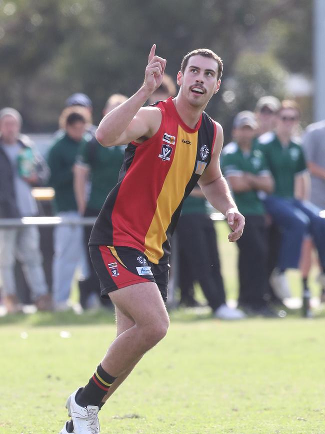 Joel Edwards celebrates a goal. St Joseph's v Bell Park GFNL Football. Picture: Alan Barber