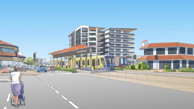 Artist impressions of the light rail travelling through central Palm Beach. Picture: Supplied