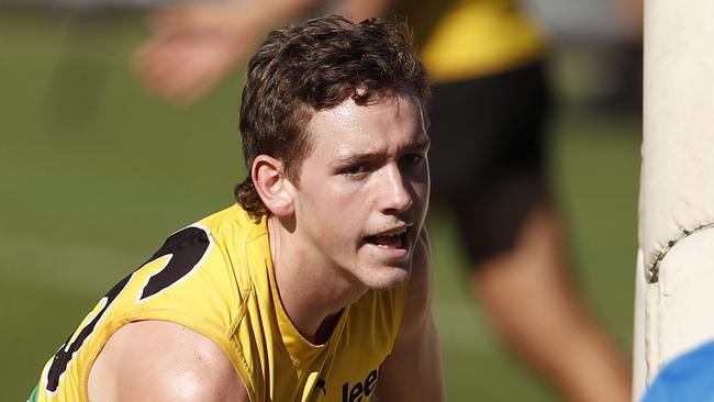 MELBOURNE, AUSTRALIA - FEBRUARY 18: Riley Collier-Dawkins of the Tigers in action during a Richmond Tigers training session at Punt Road Oval on February 18, 2021 in Melbourne, Australia. (Photo by Dylan Burns/AFL Photos via Getty Images)