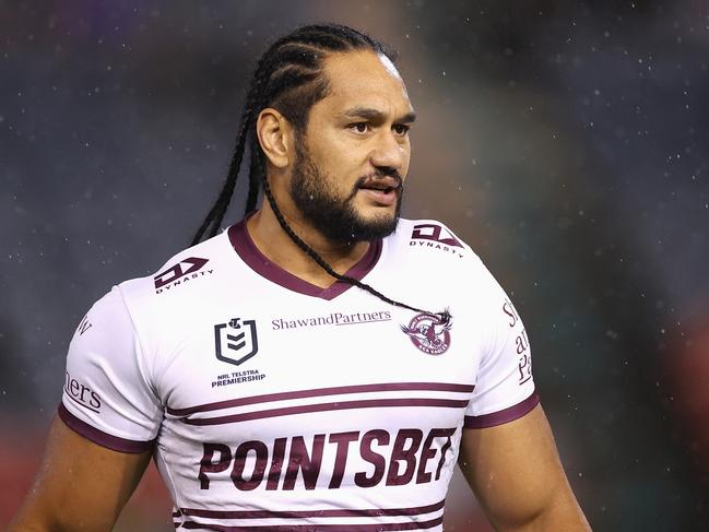 NEWCASTLE, AUSTRALIA - APRIL 07: Martin Taupau of the Sea Eagles warms up during the round five NRL match between the Newcastle Knights and the Manly Sea Eagles at McDonald Jones Stadium, on April 07, 2022, in Newcastle, Australia. (Photo by Cameron Spencer/Getty Images)