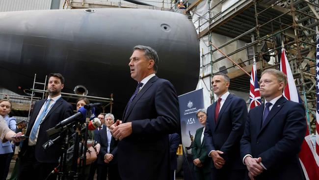 Deputy Prime Minister Richard Marles speaks during a press conference at the submarine build facility in Adelaide. Picture: NCA NewsWire / Kelly Barnes